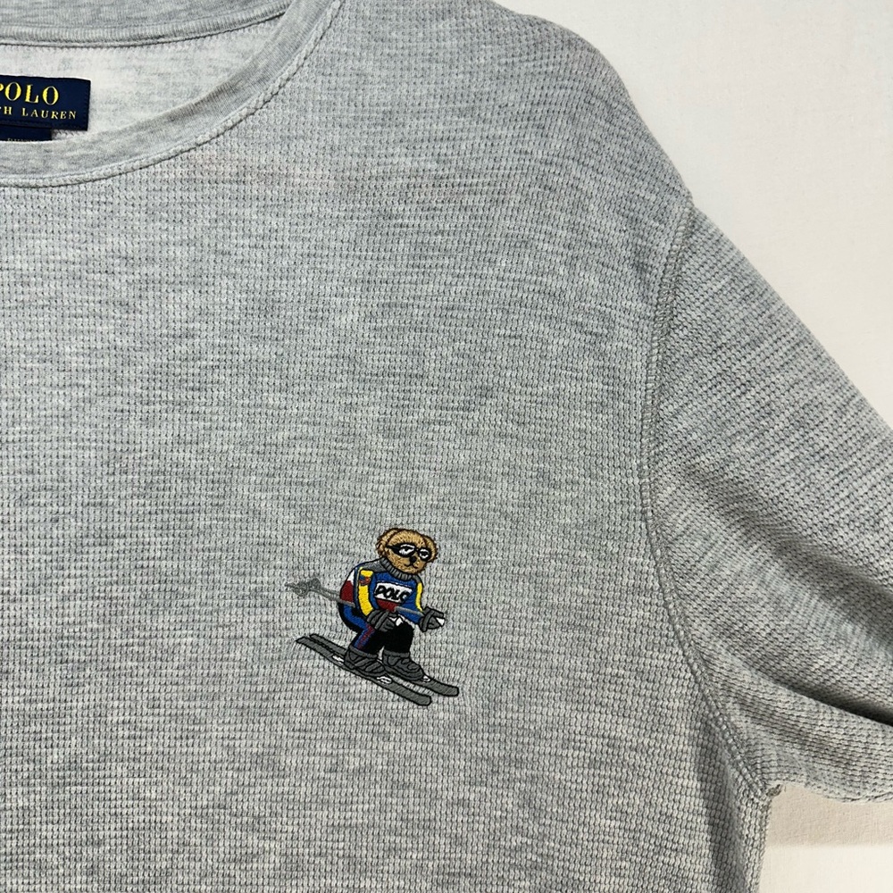Polo Ralph Lauren Shirt Mens XL Gray Waffle Thermal Long‎ Sleeve Polo Bear Ski